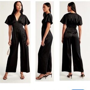 Abercrombie & Fitch Black V-Neck Angel Sleeve Satin Wide Leg Jumpsuit XSP
